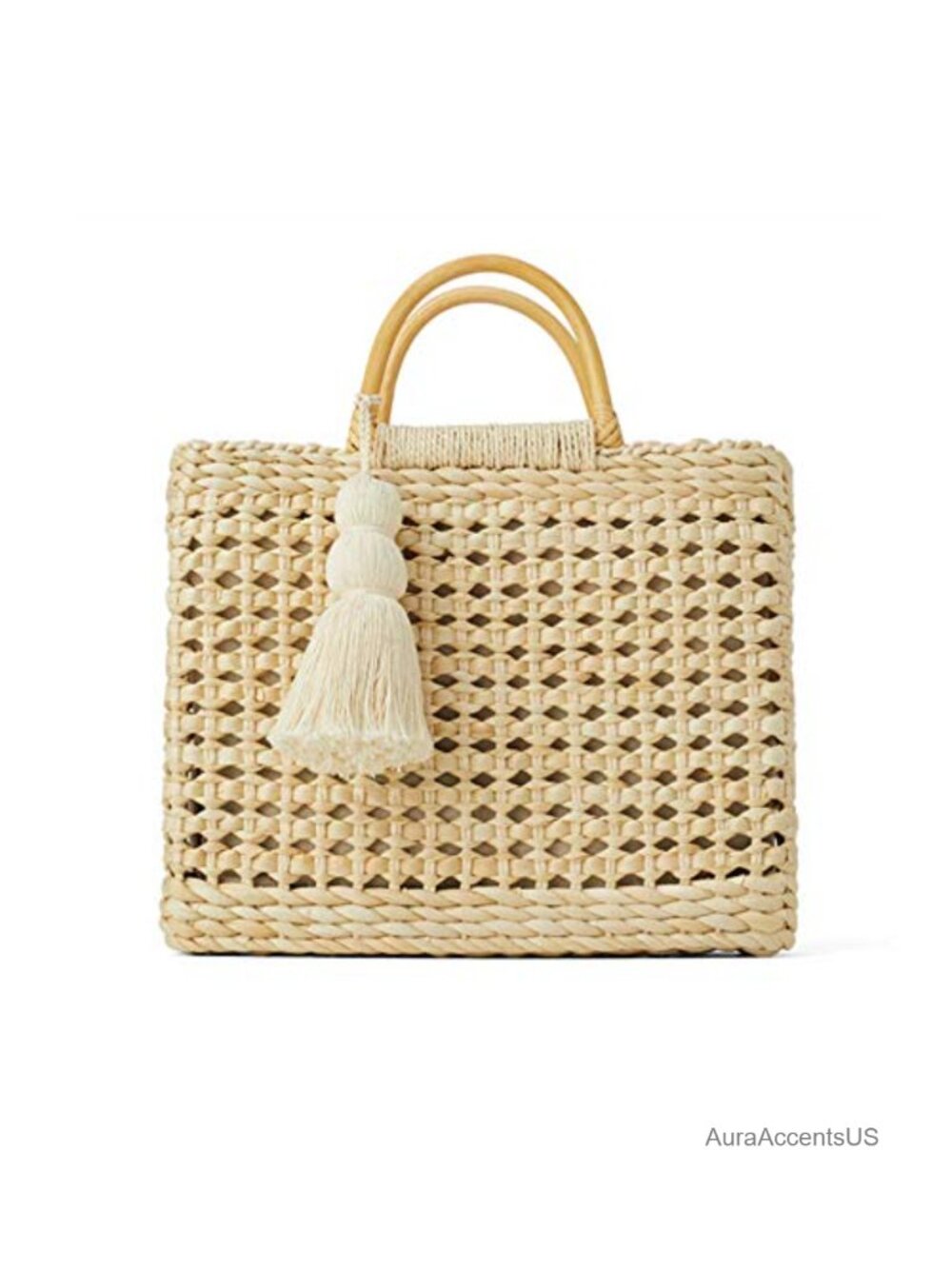 Handmade Woven Straw Crossbody Tote Bag with Wooden Handle & Tassel